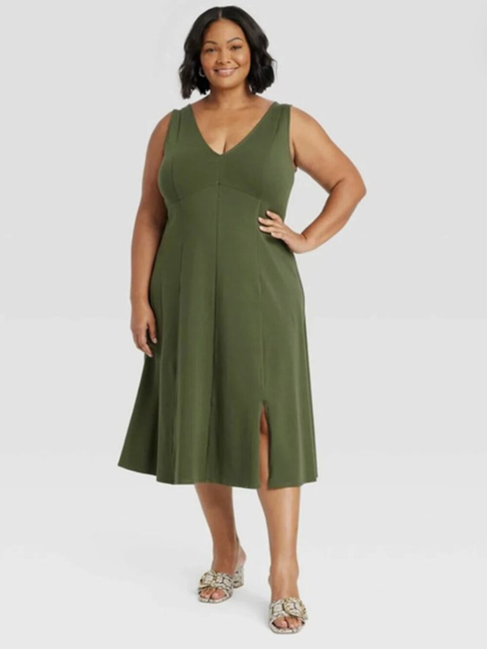 Ava & Viv Olive Green Midi Dress 2X V Neck Cotton Stretch Boho Minimalist